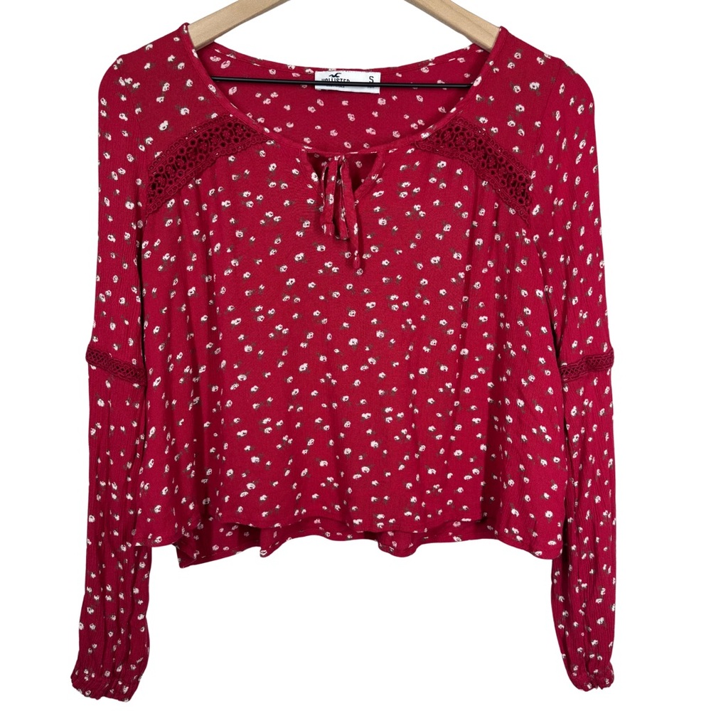 Hollister SMALL Red Floral Cropped Boxy Oversized Long Sleeve Peasant Viscose